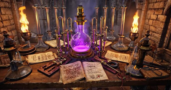 Alchemist's Table in a Medieval Laboratory