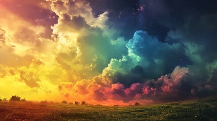 A vibrant, colorful sunset sky with clouds of red, orange, yellow, green, blue and purple hues over a green grassy field with silhouetted trees and a hint of stars.