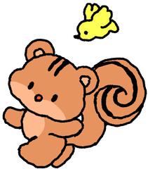 귀여운 다람쥐와 노란 새 컬러 손그림 스티커