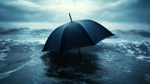 Black umbrella ocean wave storm rain water splash protection dark cloudy sky dramatic moody atmosphere isolation uncertainty solitude calmness in stormy weather