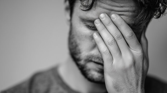 A man covering his face with his hand in emotional distress, showing sadness, stress, and anxiety, concept of depression, loneliness, and mental health struggle.
