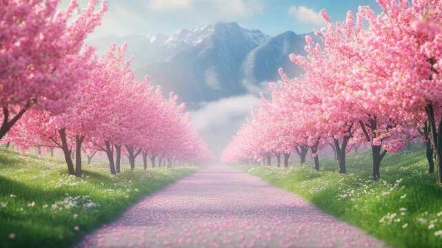 Cherry blossom tree pink flower mountain spring pathway green grass flower petal nature outdoor scenic bloom floral tranquil peaceful sunlight blue sky mist garden row beauty line peaceful pathway