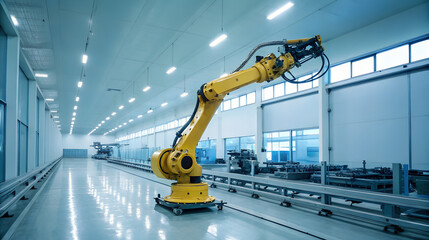 Fototapeta premium Dynamic Yellow Industrial Robot Arm in Motion Automation in Modern Factories