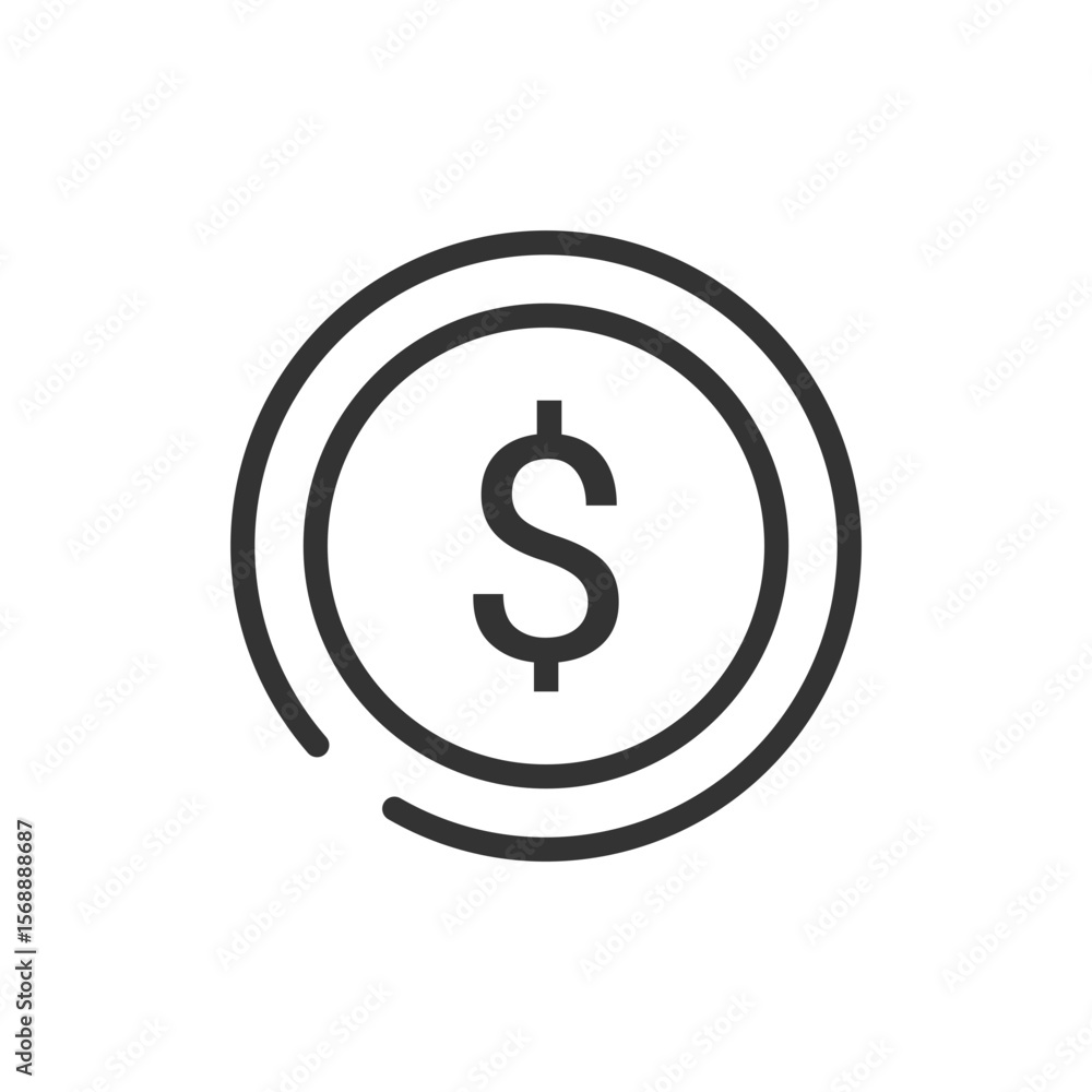 Poster illustration of a simple coin with a dollar sign in the center and a double circle outline design el