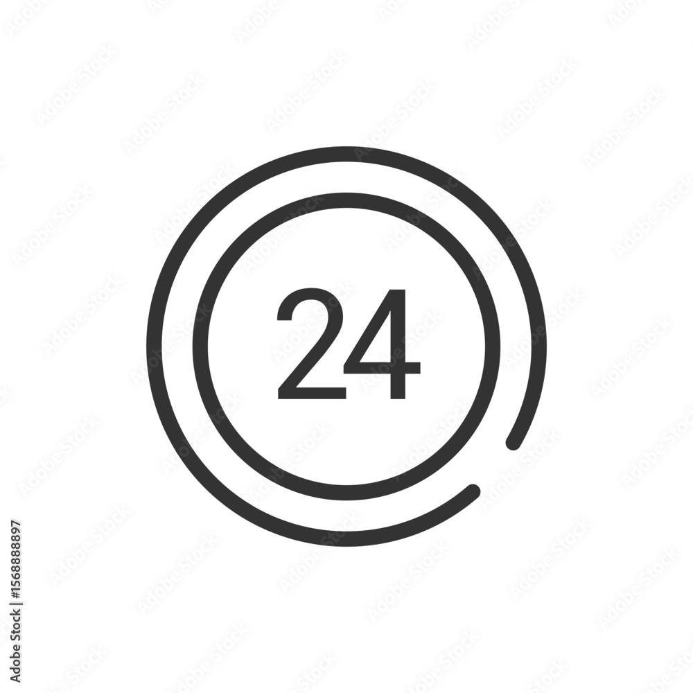 Poster a simple line drawing showing the number twenty four inside of a circle with a break in the line