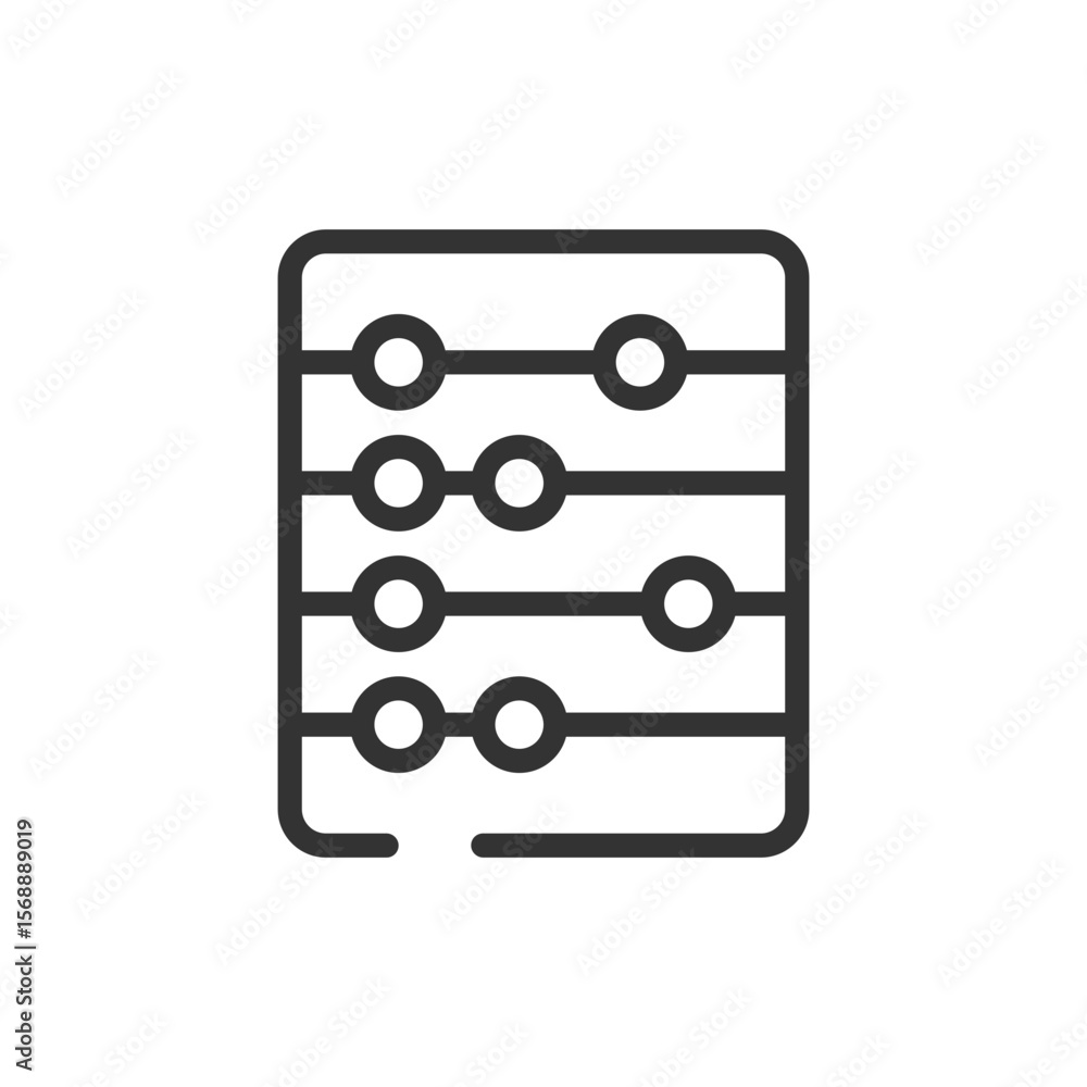 Poster illustration of a simple abacus with beads on horizontal rods within a rounded rectangle frame shape