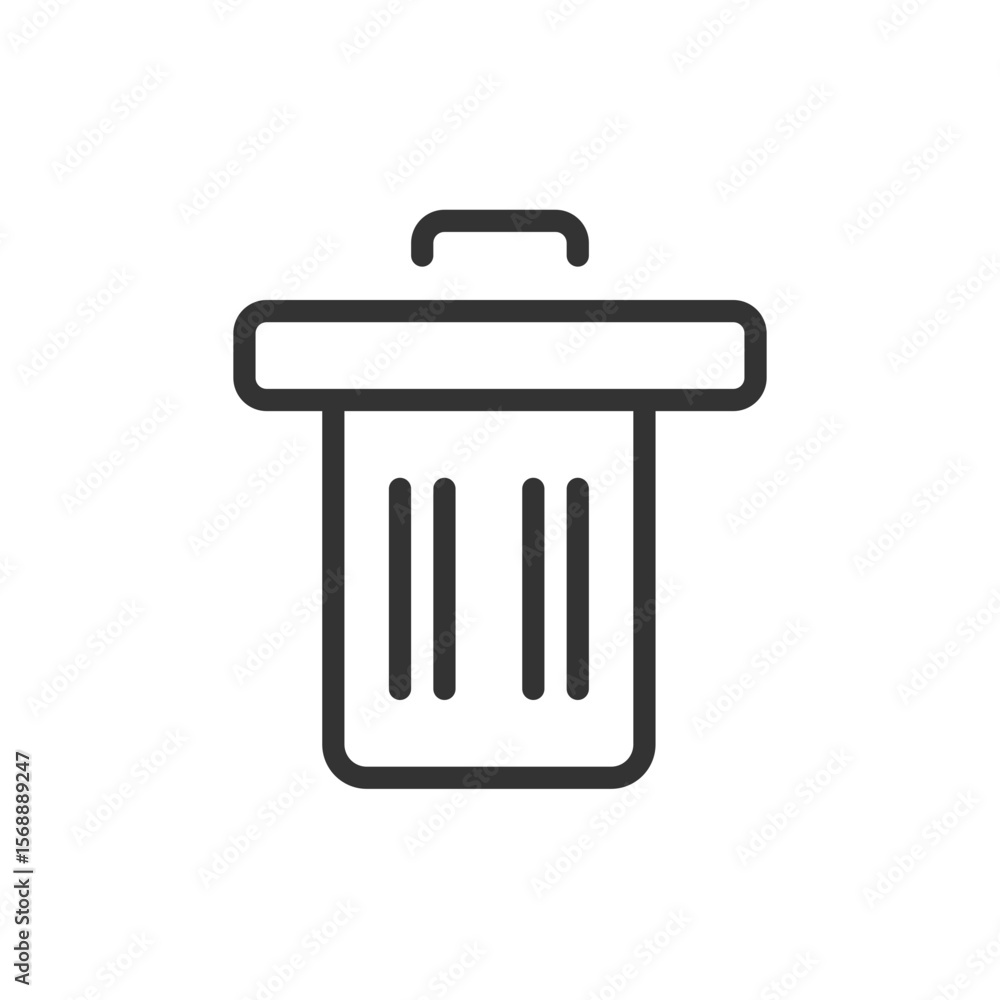 Poster illustration of a simple black outline trash can with lid and vertical lines inside the container