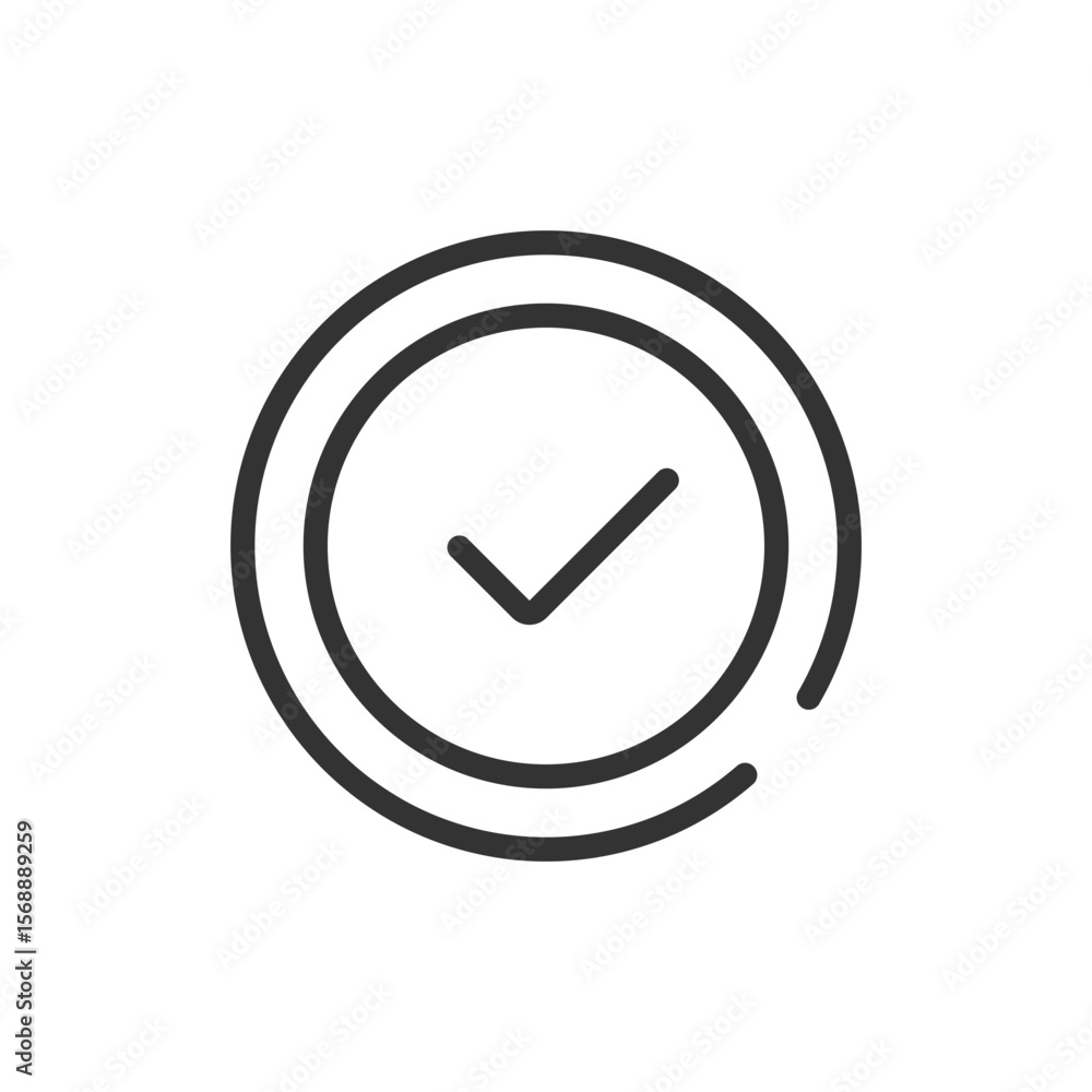 Poster a simple graphic of a check mark inside a double circle with a gap in the lower right arc shape