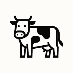 A cartoon cow with bold black patches, short horns, and a tail stands on four legs in a minimal black-and-white line art style.
