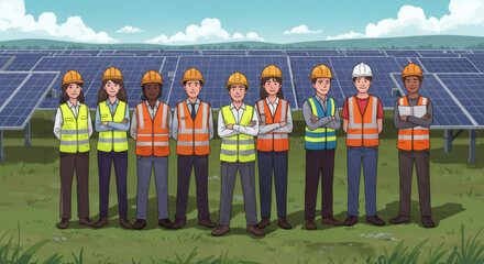 Team of Diverse Solar Energy Engineers at a Large-Scale Solar Farm
