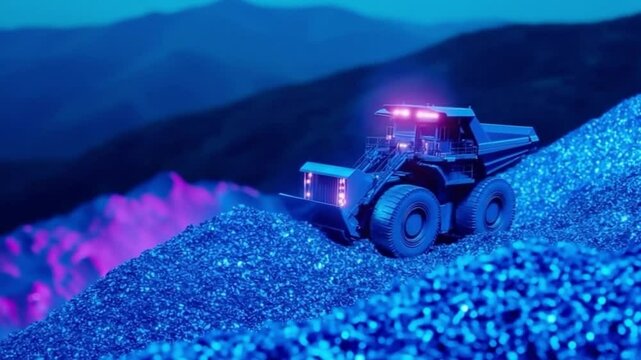 Heavy Industrial Loader on Glowing Mineral Pile with Futuristic Neon Lights