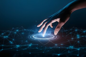A hand interacts with a digital network, highlighting futuristic technology.