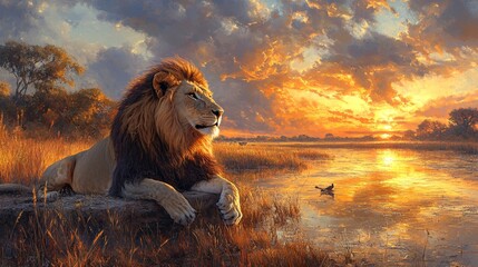 Majestic lion observing sunset reflections in riverbank landscape serene natural environment wildlife photography