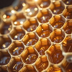 a number of honeycombs filled with golden brown honey, with a tight and organized hexagonal structure. The honey that is seen flowing inside the honeycomb adds a fresh and natural impression