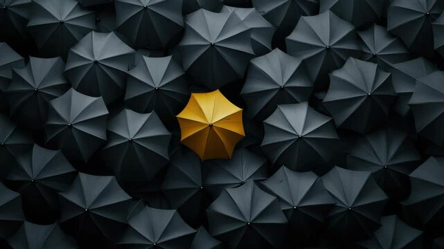 Yellow umbrella among black umbrellas creates striking contrast with unique pattern top view abstract creative concept showcasing individuality and uniqueness standing out brightly difference