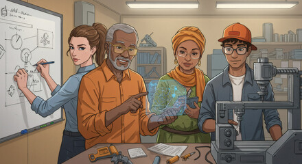 Diverse Team Collaborating on Innovative 3D Printing Project