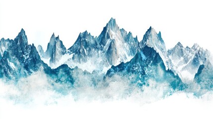 Isolated Tall Mountains Covered in Winter Wonderland on White Background