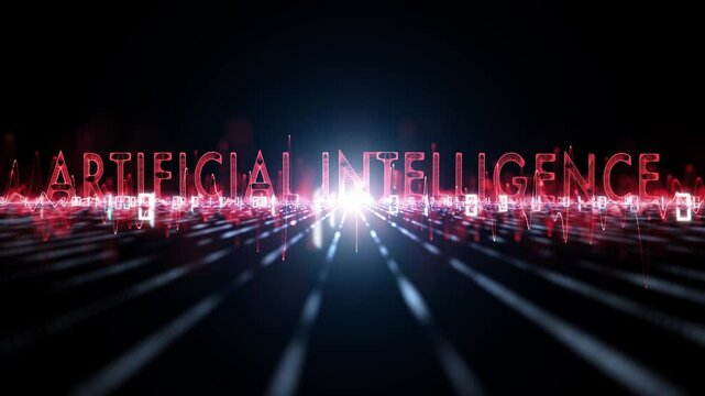 Digital artificial intelligence technology road with binary code data and flickering loop light animation.