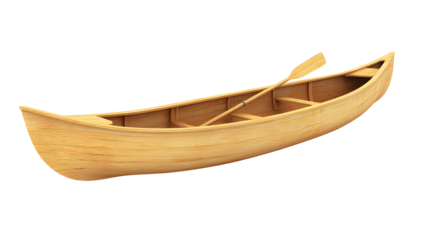 Classic wooden canoe with a paddle, isolated on black background providing a minimalist design
