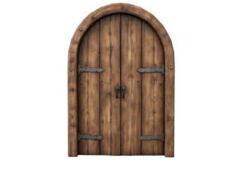 Rustic wooden arched door with metal hinges and handle on black background