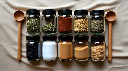 A Curated Collection of Spices and Herbs in Glass Jars