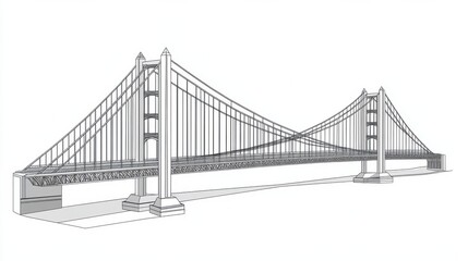 Massive Steel Suspension Bridge Design Over River Isolated on White