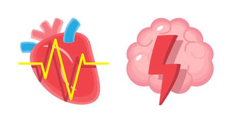 Heart with ECG and Brain with thunderbolt . CPR and first aid emergency rescue concept . Isolated on white background . Vector .