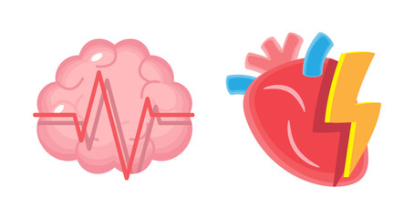 Heart with thunderbot and Brain with Electroencephalography or EEG . CPR and first aid emergency rescue concept . Isolated on white background . Vector .