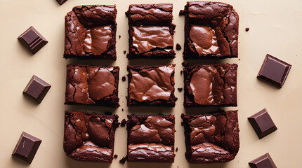 An enticing overhead shot presents a grid of nine individual chocolate brownies