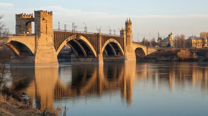 Majestic Steel Bridge with Towers Spanning a Wide River at Dawn