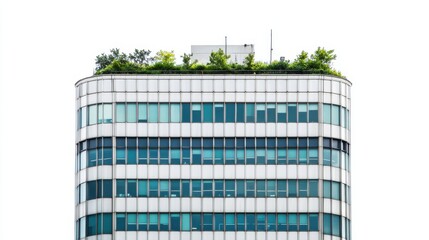 Green Roof Office Building with Diverse Plant Life on White Background