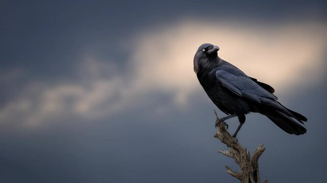 Solitary crow perched on branch against dramatic sky at dusk a striking nature photography image for editorial and commercial use
