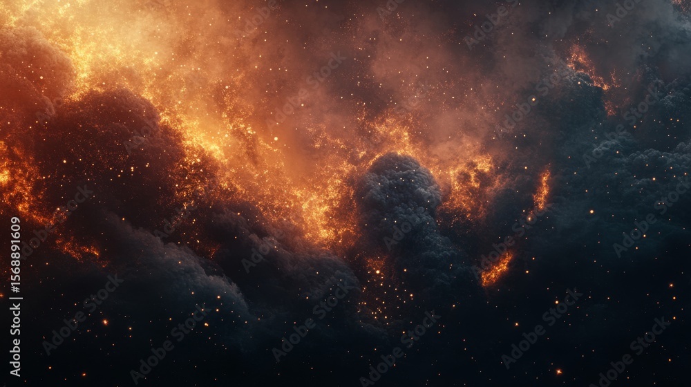 Wall mural abstract cosmic nebula with fiery orange and black clouds and sparkling particles.