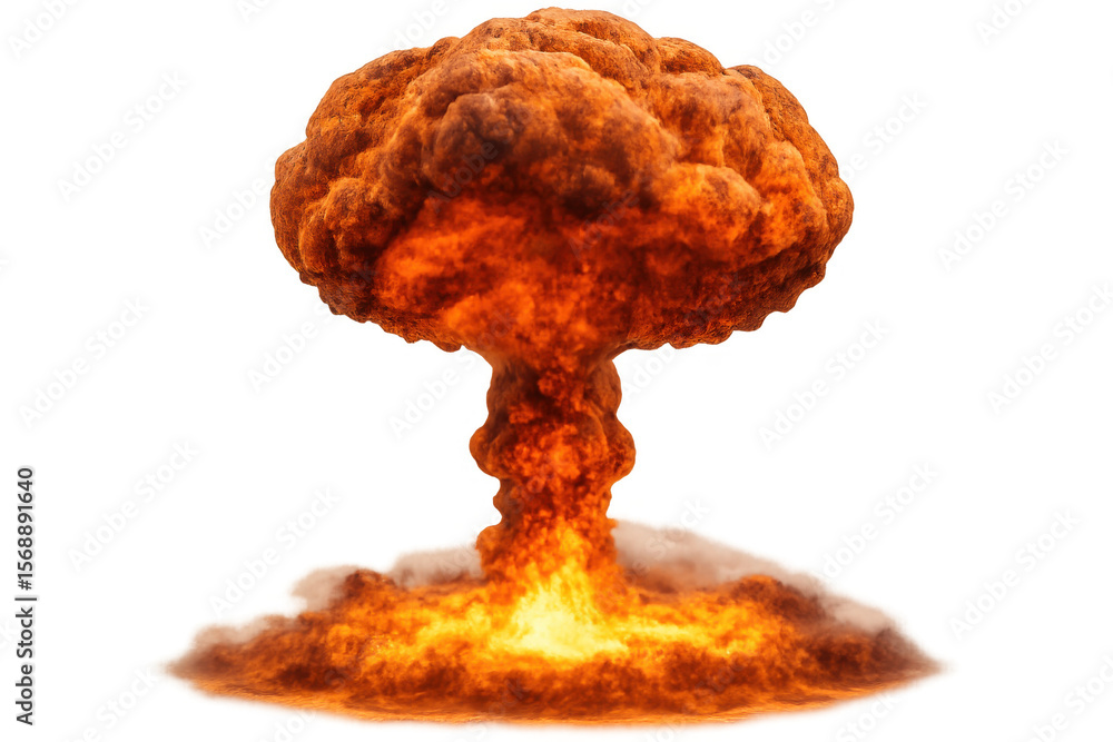 Poster huge explosion with mushroom cloud expanding on transparent background, perfect for visual effects a