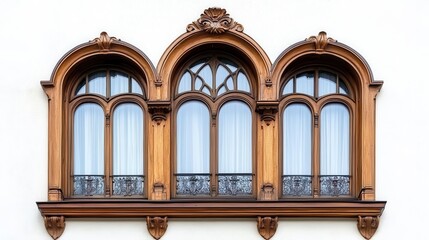 Victorian Style Wooden Window Frame with Carved Details Isolated