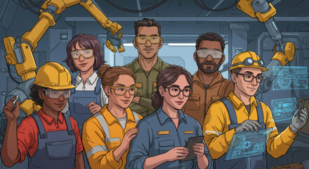 Diverse Team of Skilled Industrial Workers and Engineers Collaborating with Advanced Robotics