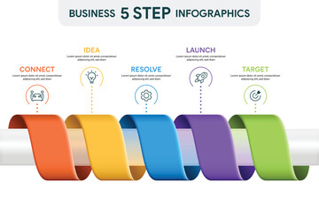 5 Step Ribbon Roll Infographic. 3D Vector Illustration For Business Financial Report.