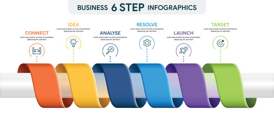 6 Step Ribbon Roll Infographic. 3D Vector Illustration For Business Financial Report.