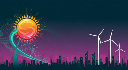 Sustainable Cityscape Solar and Wind Power Energy Illustration