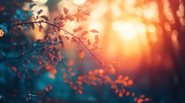A close-up of a branch with leaves, illuminated by a bright sun setting in the distance. The sun is a soft orange and the leaves are a deep red.