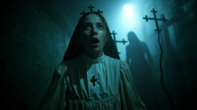 Paranormal. Cinematic scene of a girl in white dress is surrounded by shadowy figures. Horror. Fear intensifies. A frightened person takes a deep breath as she is facing demonic creatures. Spectre