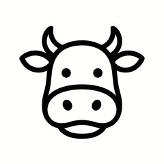 A stylized cow head with horns, ears, eyes, and a snout is illustrated in simple black-and-white line art.