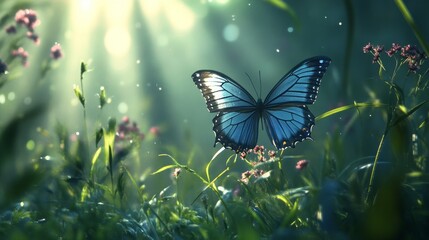 A single blue butterfly with white markings sits on a pink flower in a field of green grass with sunlight shining through the leaves.