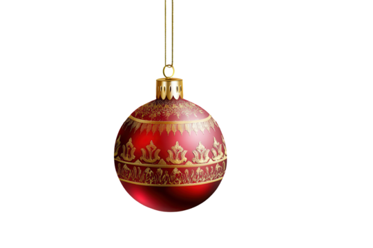 Beautiful red Christmas bell decoration hanging elegantly with intricate gold patterns on a translucent background, perfect for holiday celebrations and seasonal decor
