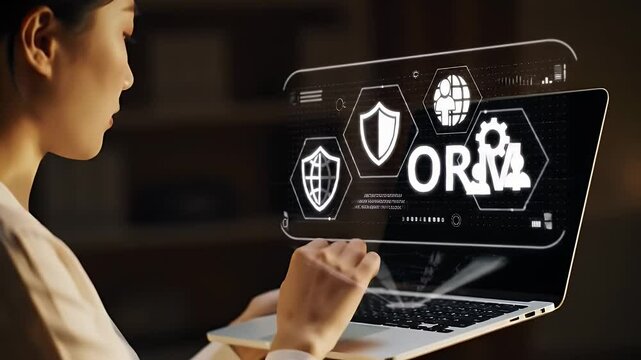 Asian Woman Interacts with Digital Interface on Laptop in Dimly Lit Room Depicting Cybersecurity with White Outline and White Top with a Brown Background