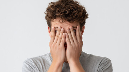 A shy man covering his face with his hands, expressing embarrassment and anxiety, emotional portrait concept showing introversion and self consciousness.