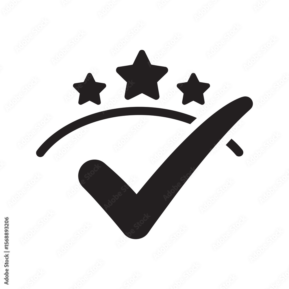 Poster quality assurance and certification icon with check mark and stars representing excellent standard c