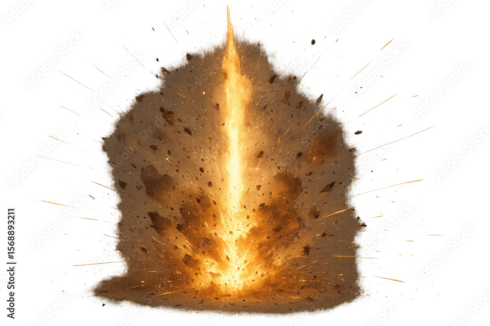 Poster powerful ground explosion creating a fiery blast wave and scattering debris, isolated on transparent