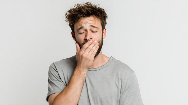 A sleepy man yawning with one hand covering his mouth, tired expression, morning mood, fatigue and drowsiness concept in daily life.
