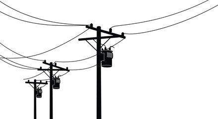 Electric power line poles silhouette vector illustration, utility transmission lines drawing, high voltage electricity distribution grid black design
